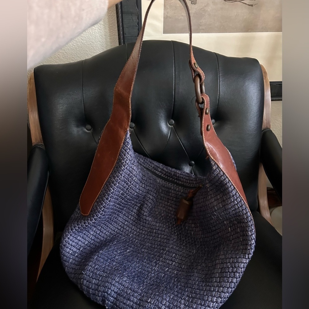 Made in Italy Blue Woven Hobo Shoulder Bag Leather Trim and bottom size large